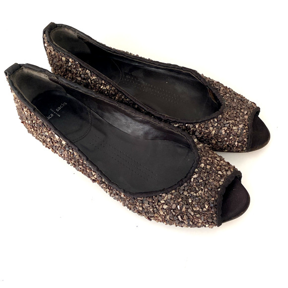 Dusica Sacks Ballet Flat Peep Toe Rock Stone Hand made Brown Embellished 38 8 - Picture 2 of 12